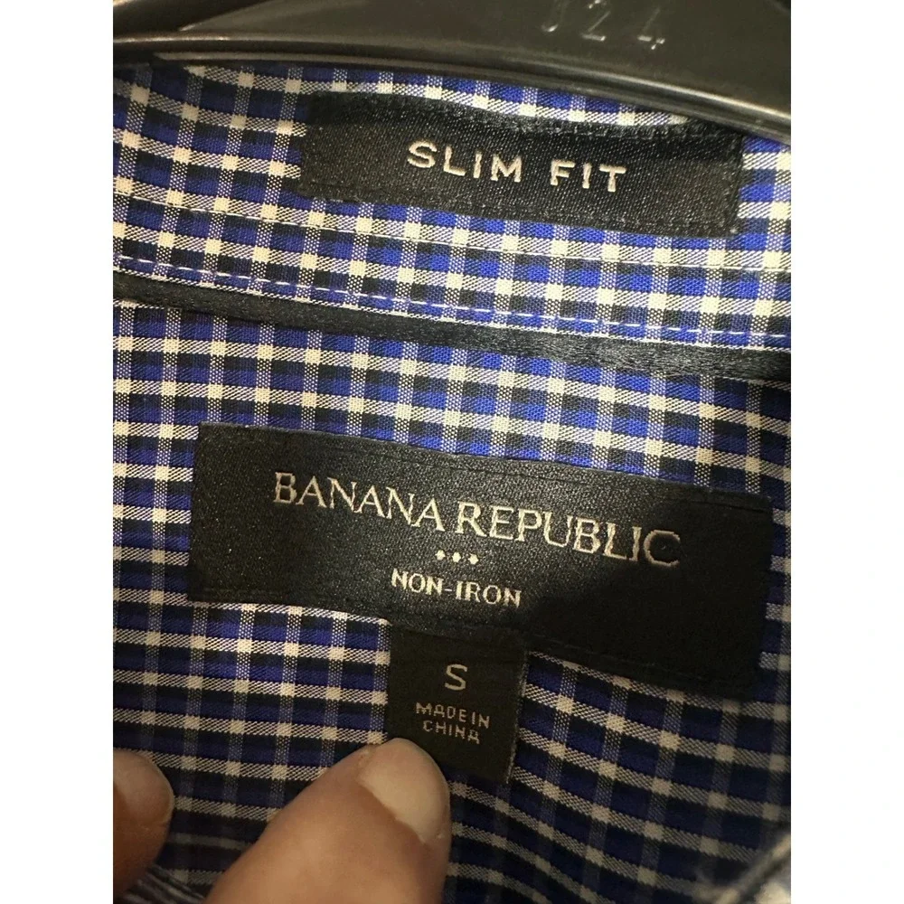 Banana Republic Mens Slim Fit Non-Iron Gingham Dress Shirt Blue‎ White Small S